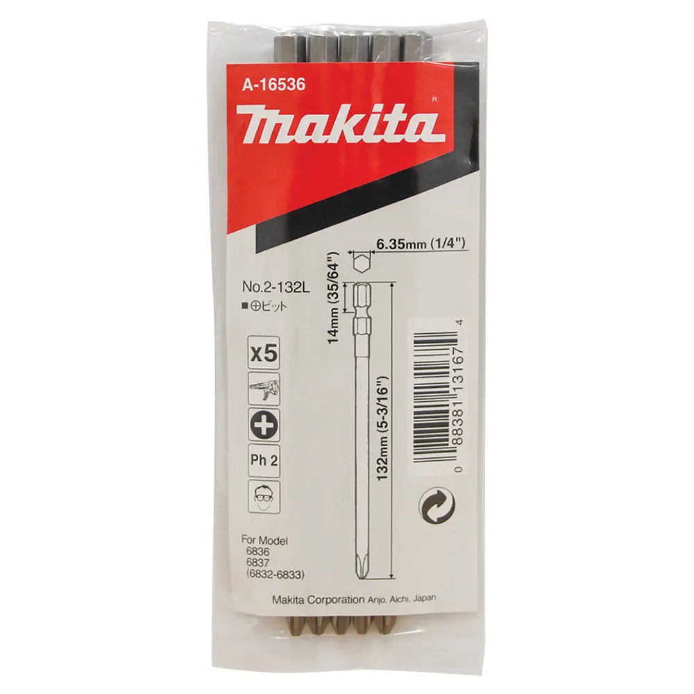 MAKITA PH2 x 132mm Phillips Power Screwdriver Bits suits MAKITA Collated Screwgun - 5 Piece A-16536