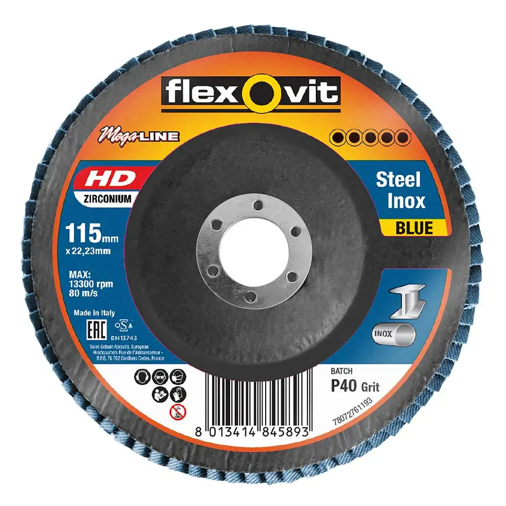 FLEXOVIT 115mm 40-Grit Zirconia INOX Angled Flap Disc - MEGALINE 78072761193