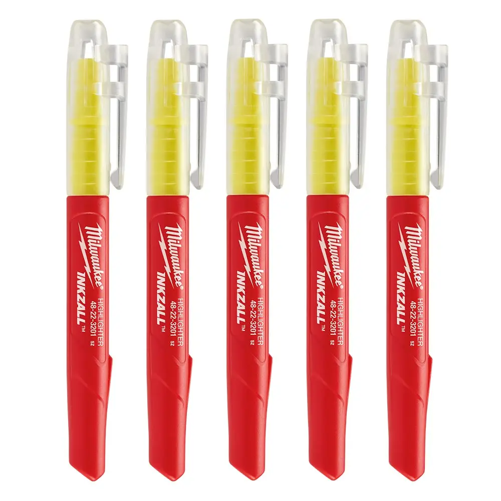 MILWAUKEE 5 Piece Inkzall Jobsite Highlighter Permanent Marker - Yellow 48223201