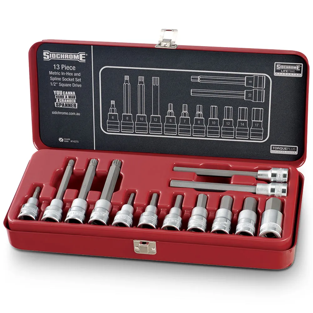 SIDCHROME 13 Piece Metric 1/2inch Drive In-Hex & Spline Socket Set