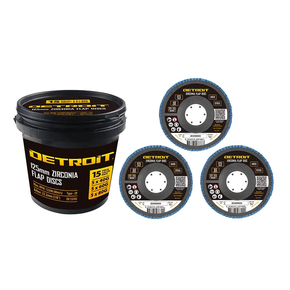 DETROIT 125mm 40/60/80-Grit Zirconia Angled Flap Disc Bulk Pack - 15 Piece Tub