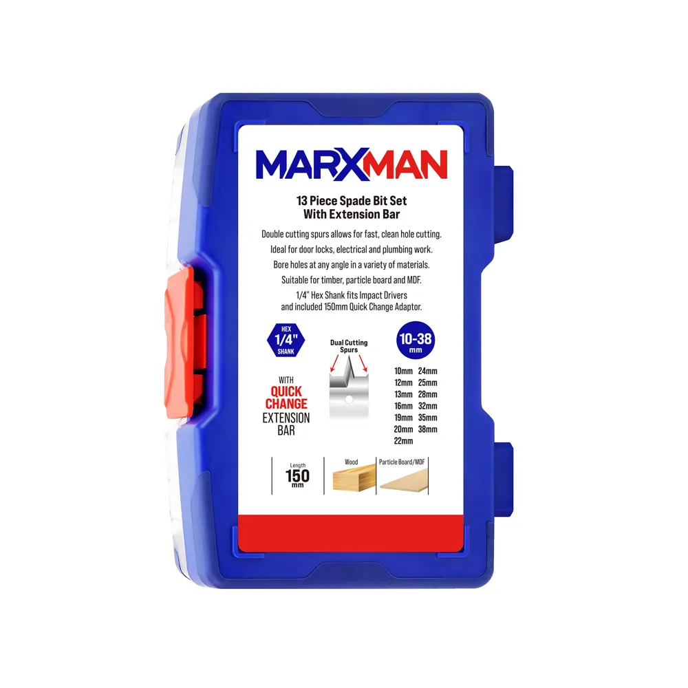 MARXMAN 10-38mm Spade Wood Drill Bit Set w/ Extension Bar - 13 Piece MSBS13PC