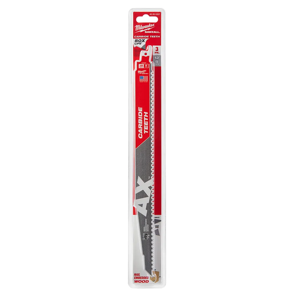 MILWAUKEE 300mm 5TPI TCT Reciprocating Saw Blade for Wood/Nail Demoltion - THE AX - 3 Piece 48005327