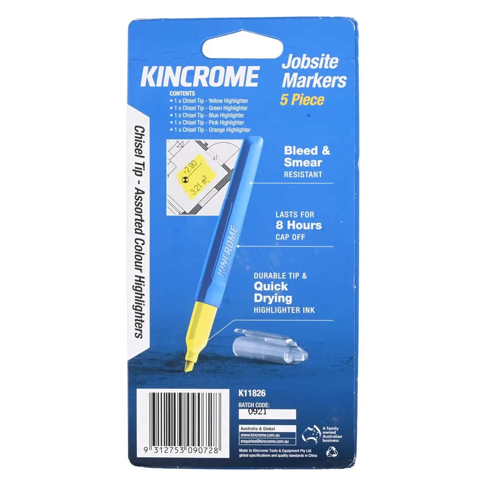KINCROME Highlighter Chisel Tip Assorted Colours 5 Pack K11826