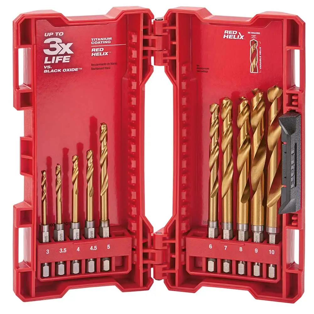 MILWAUKEE 3-10mm Metric 1/4-Hex Quick-Change HSS-TiN Jobber Drill Bit Set - RED-HELIX - 10 Piece 48894859