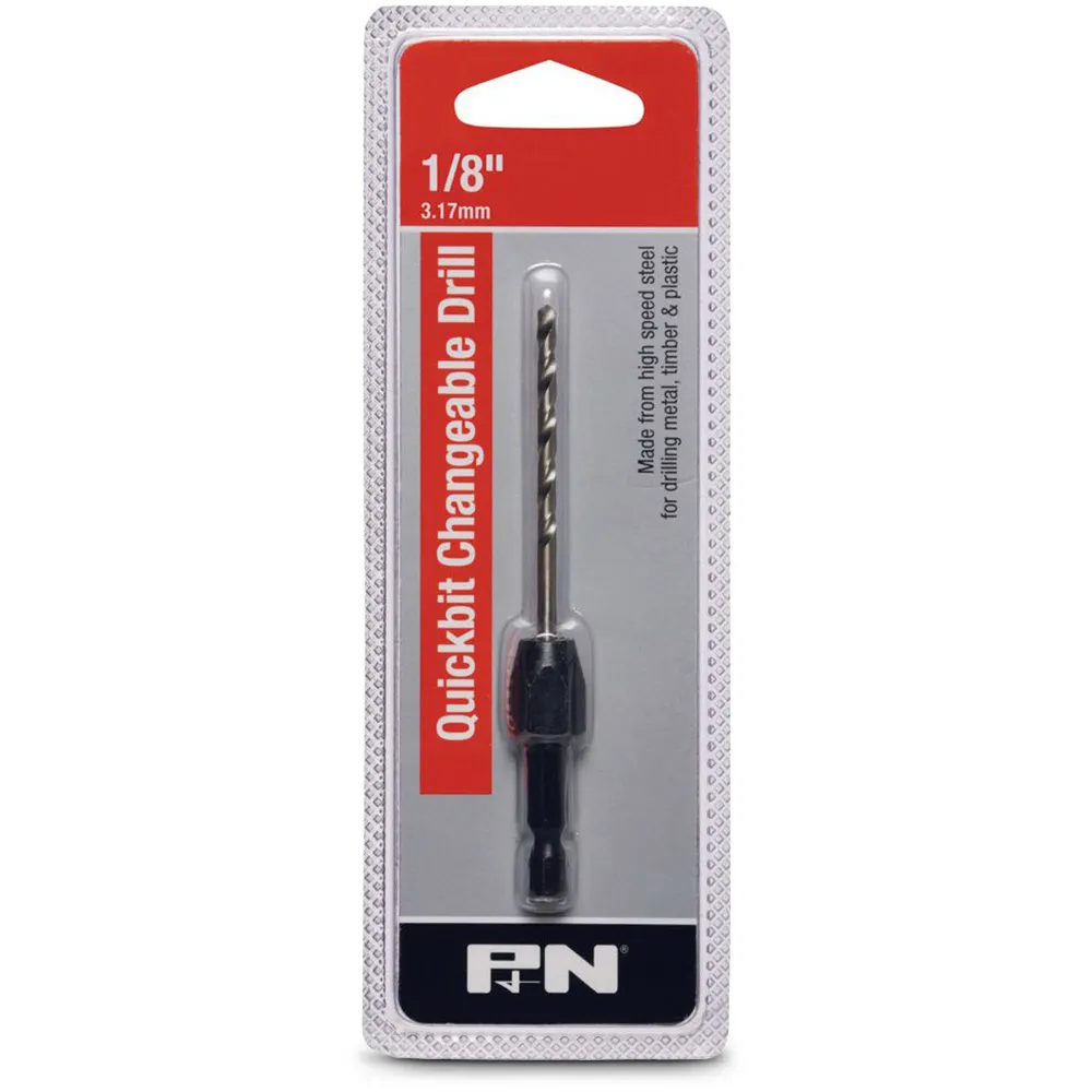 P&N QUICKBITS 1/8inch HSS Jobber Drill Bit & 1/4-Hex Quick-Change Adaptor
