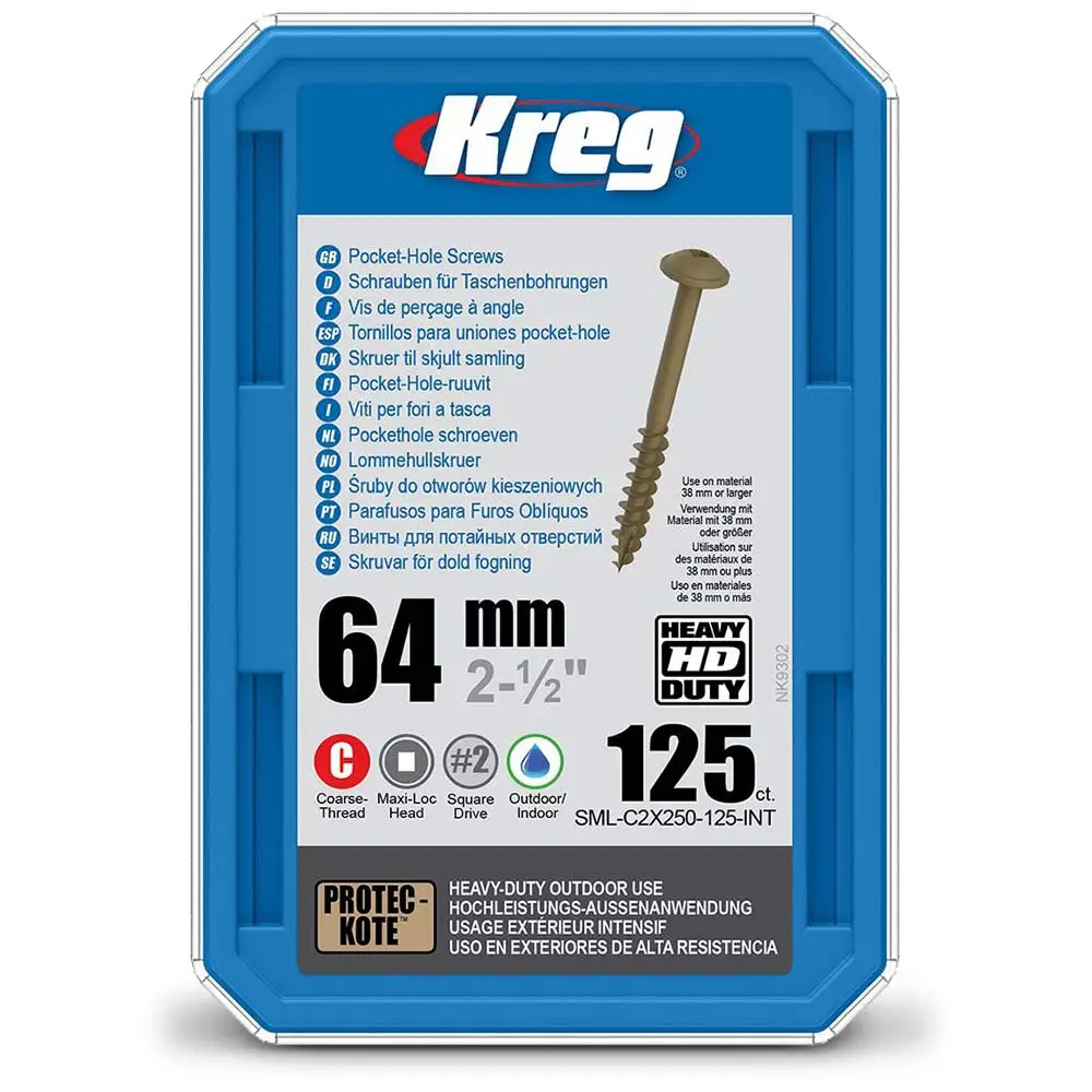 KREG Pocket Hole Screws Coarse HD 64mm - 125 Piece KR-SMLC2X250-125