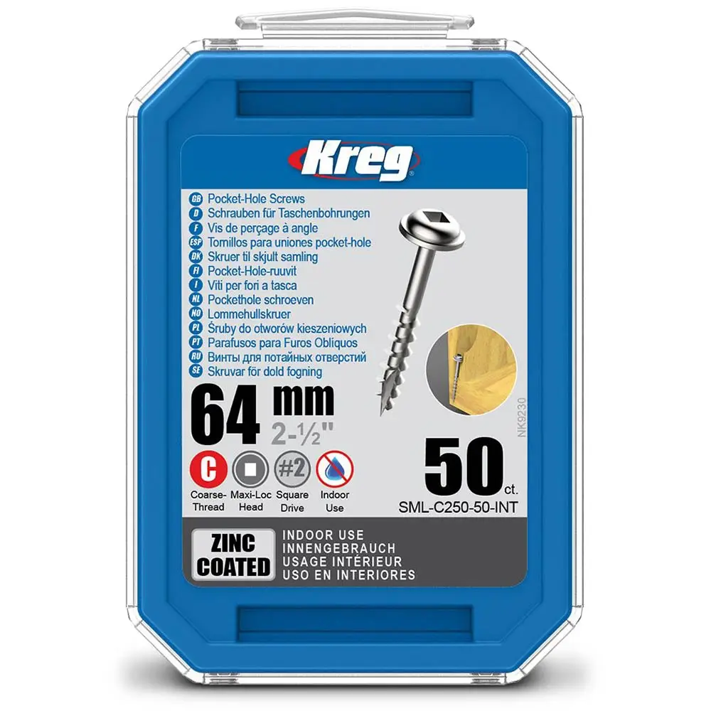 KREG Pocket Hole Screws Coarse Zinc 64mm - 50 Piece KR-SMLC250-50
