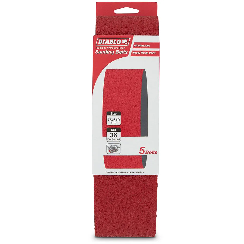 DIABLO 75 x 610mm 36-Grit Zirconia Sanding Belt - 5 Piece