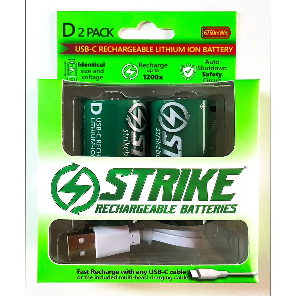 STRIKE 6750MW 1.5V USB-C Rechargable Battery D with Cable - 2 Pack A1903-2C