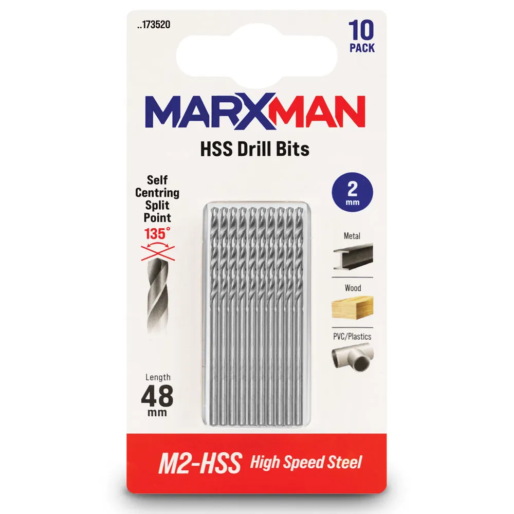 MARXMAN 2.0x48mm HSS Metal Jobber Drill Bit - 10 Piece MHSS2MM10PC