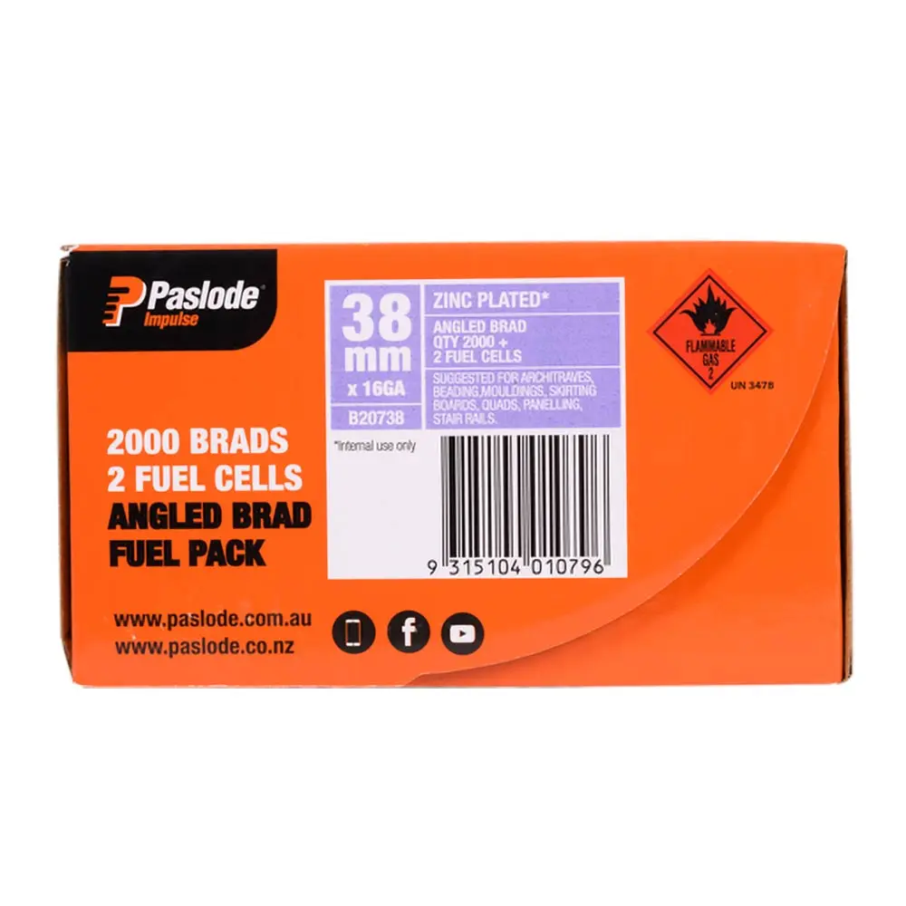 PASLODE 38mm Brad Nails & 2 Fuel Cells - 2000 Pack B20738