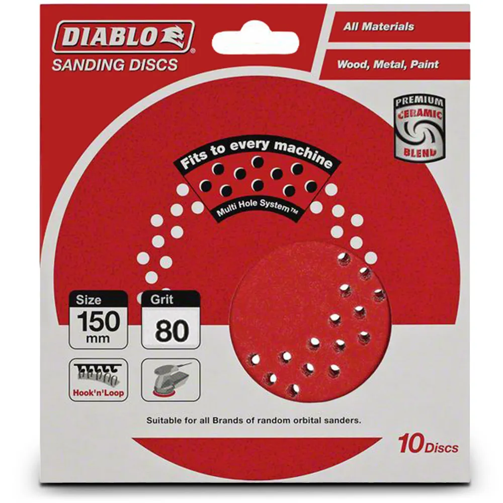 DIABLO 150mm 80-Grit Multi-Hole Hook & Loop Sanding Disc - 10 Piece 2608603276