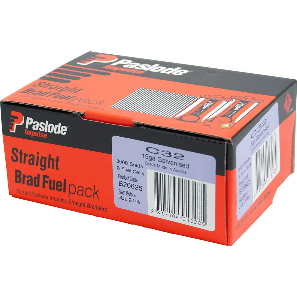 PASLODE 32 x 1.6mm Zinc Plated C32 Impulse Brad with Fuel 3000 pk B20625