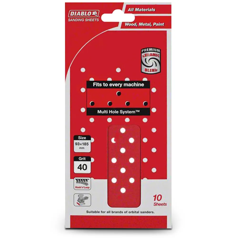 DIABLO 93 x 185mm 40-Grit Multi-Hole Hook & Loop Orbital Sanding Sheet - 10 Piece 2608608R53