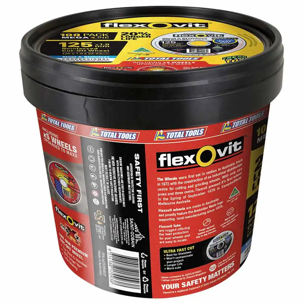 FLEXOVIT 100 Piece 125x1.0mm Cut-Off MEGA INOX & MAXX Discs Tub 66252850037