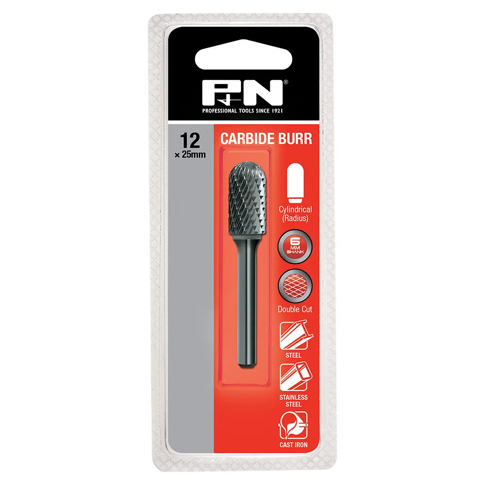 P&N 12x25mm Double Cut 6mm Shank Cylindrical Radius Carbide Burr 918CR12256