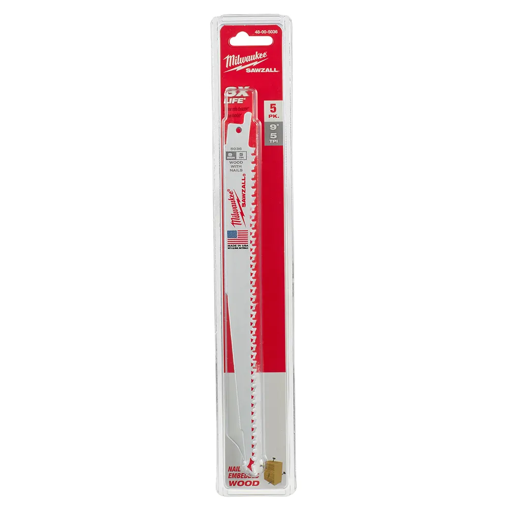 MILWAUKEE 230mm 5TPI Bi-Metal Reciprocating Saw Blade for Wood/Nail Cutting - THIN KERF - 5 Piece 48005036