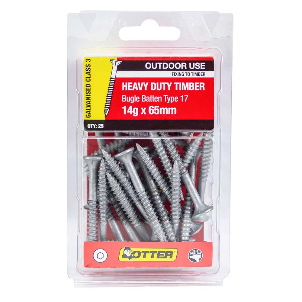 OTTER 25 Pack 14g x 65mm Batten Bugle Screw T17 Galv BBEG14651