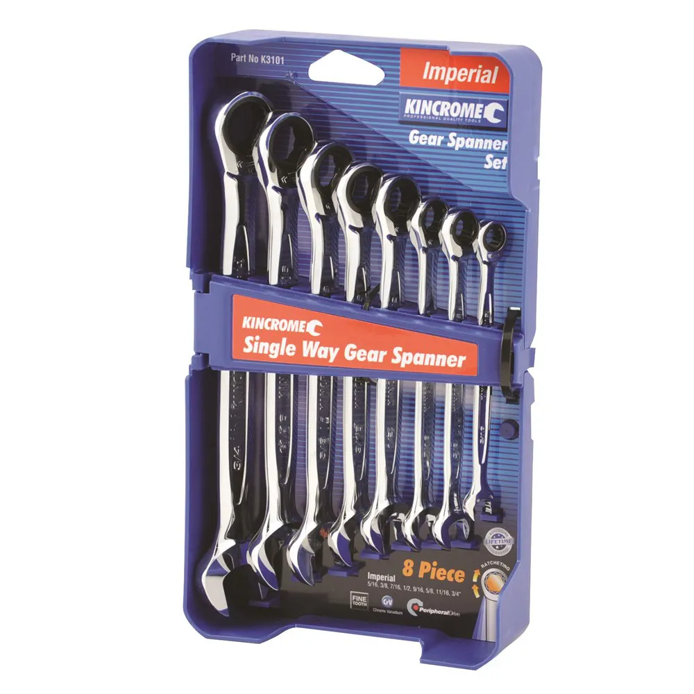KINCROME 8 Piece Combination Gear Spanner Set - Imperial Single Way K3101