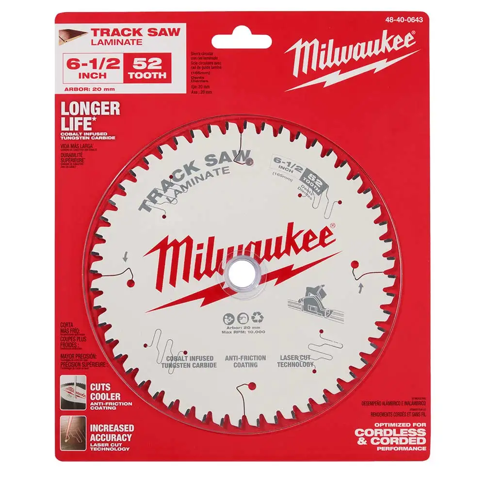 MILWAUKEE 165mm 52T TCT Track Saw Blade for Laminate/Aluminium Cutting 48400643