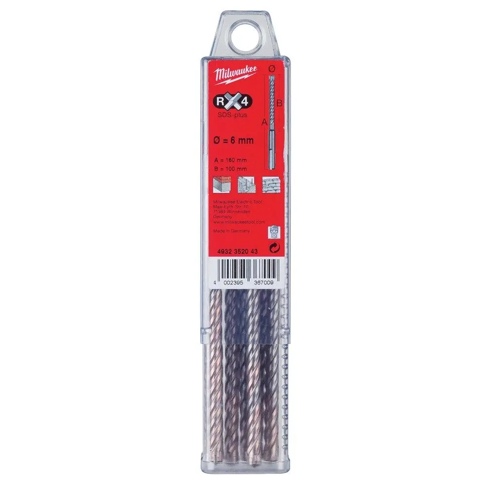 MILWAUKEE 6 x 160mm 4-Cutter SDS-Plus TCT Hammer Drill Bit - MX4 - 10 Piece 4932352043