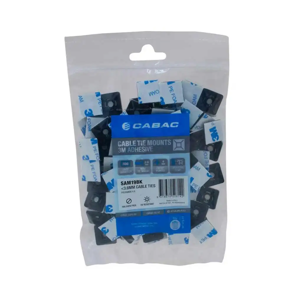 CABAC 30mm Adhes Cable Tie Mount - 100 Piece Uv Black SAM25BK