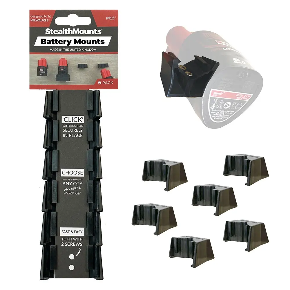 STEALTHMOUNTS 6 Piece Mount Holder for Milwaukee M12 Battery Black BM-MW12-BLK-6