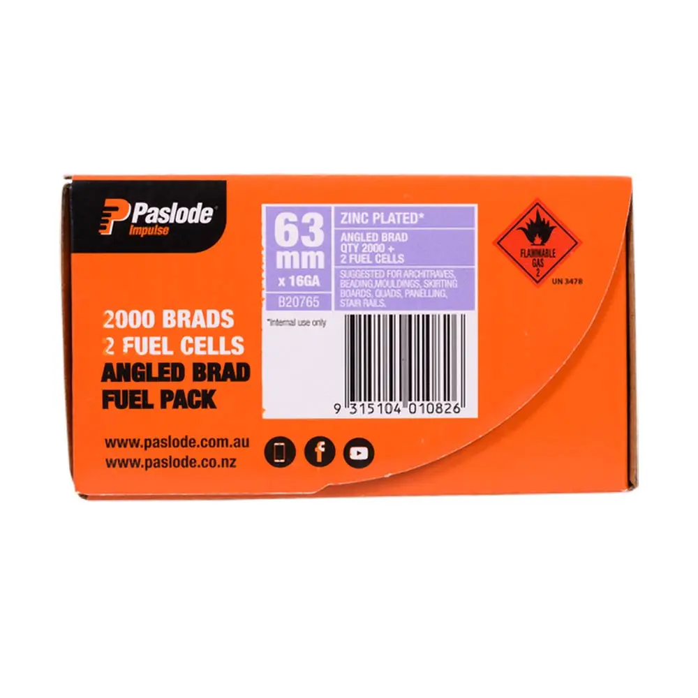 PASLODE 63mm 20 Degree C Brad Nails & 2 Fuel Cells - 2000 Pack B20765
