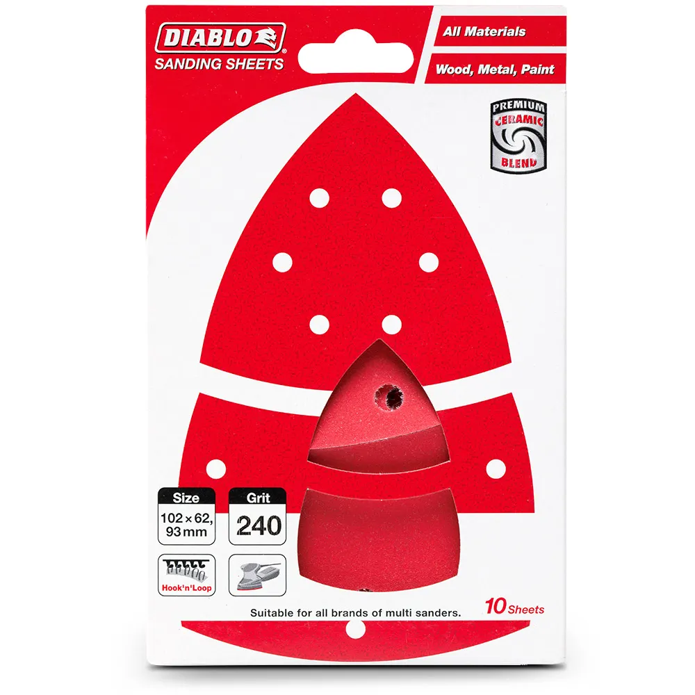DIABLO 93mm / 102 x 62mm 240-Grit Hook & Loop Detail Sanding Sheet for All Surface - 10 Piece 2608F01183