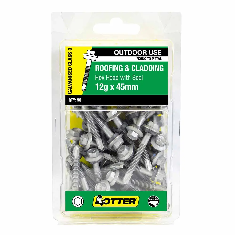 OTTER 50 Pack 12g x 45mm Hex Head with Seal Galv Roofing Screw SLNG12452