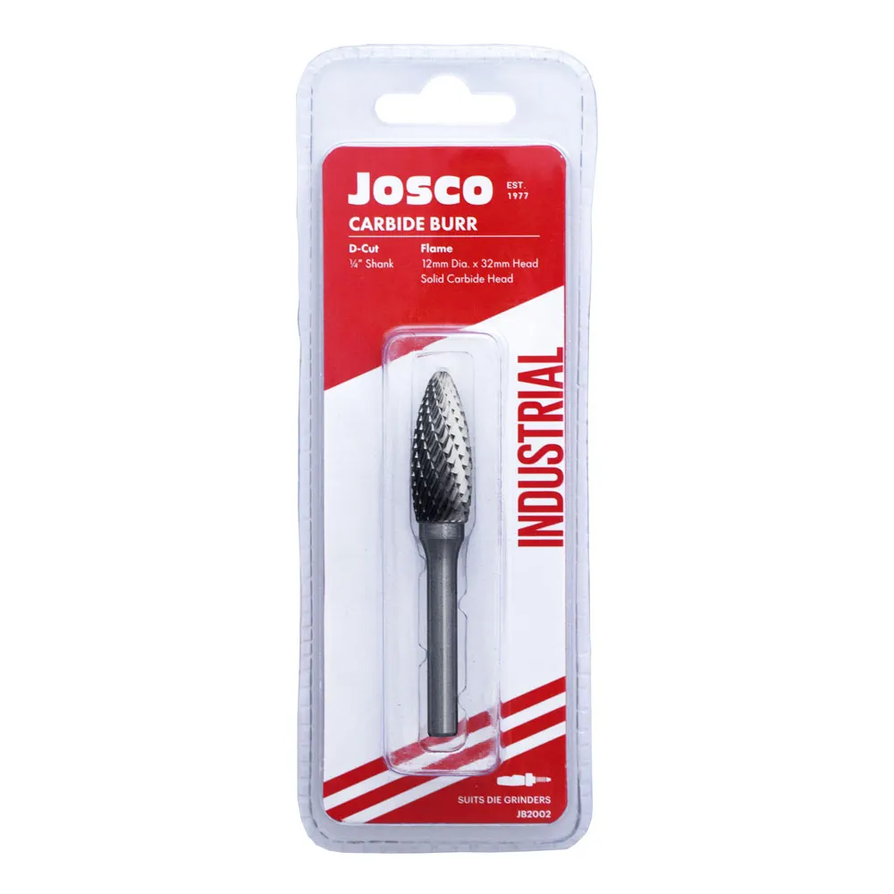 JOSCO 12 x 32mm 1/4inch Shank Flame Diamond Cut Carbide Burr