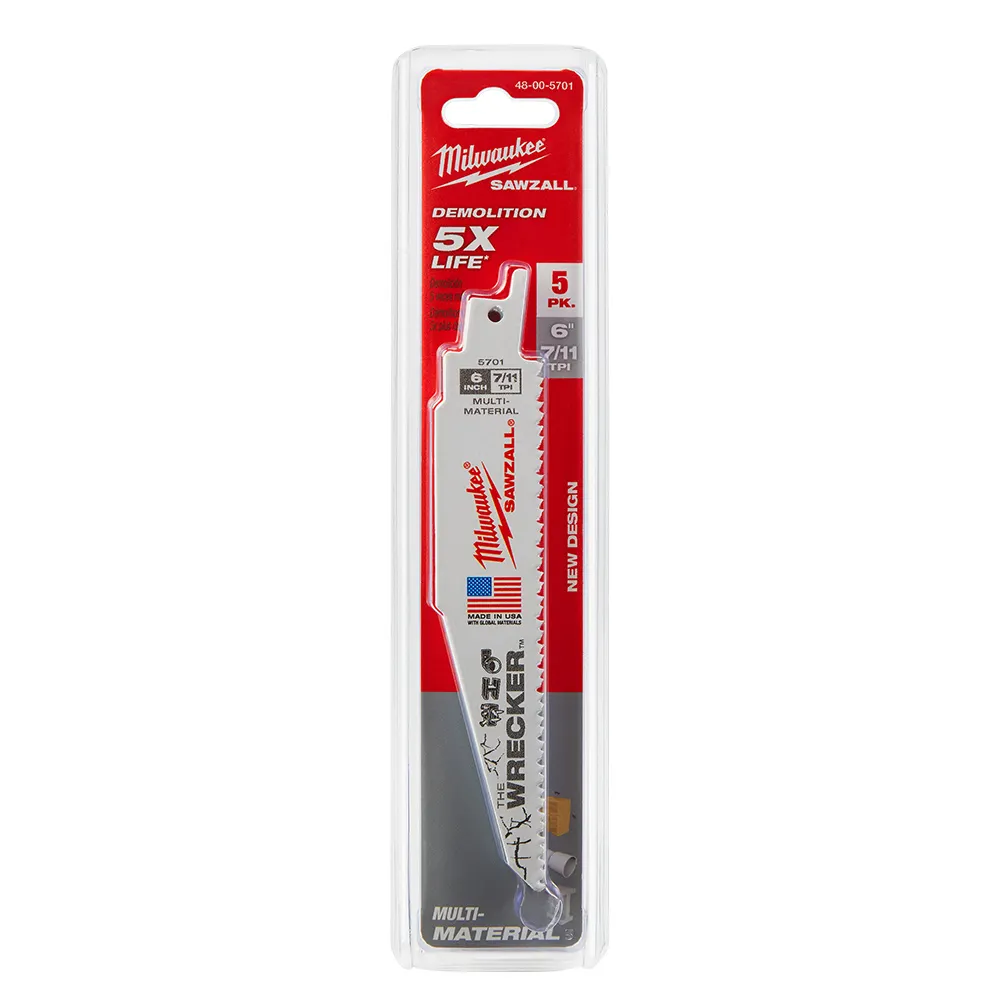 MILWAUKEE 150mm 7/11TPI Bi-Metal Reciprocating Saw Blade for Wood & Metal Demolition - THE WRECKER - 5 Piece 48005701