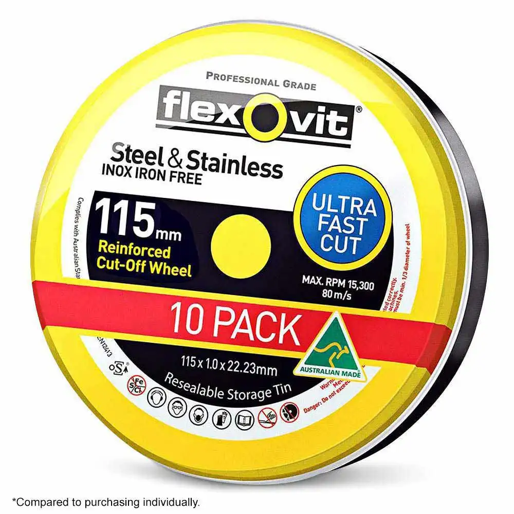 FLEXOVIT 115 x 1.0mm Steel & Stainless Cut Off Disc - MEGA INOX - 10 Piece Tin