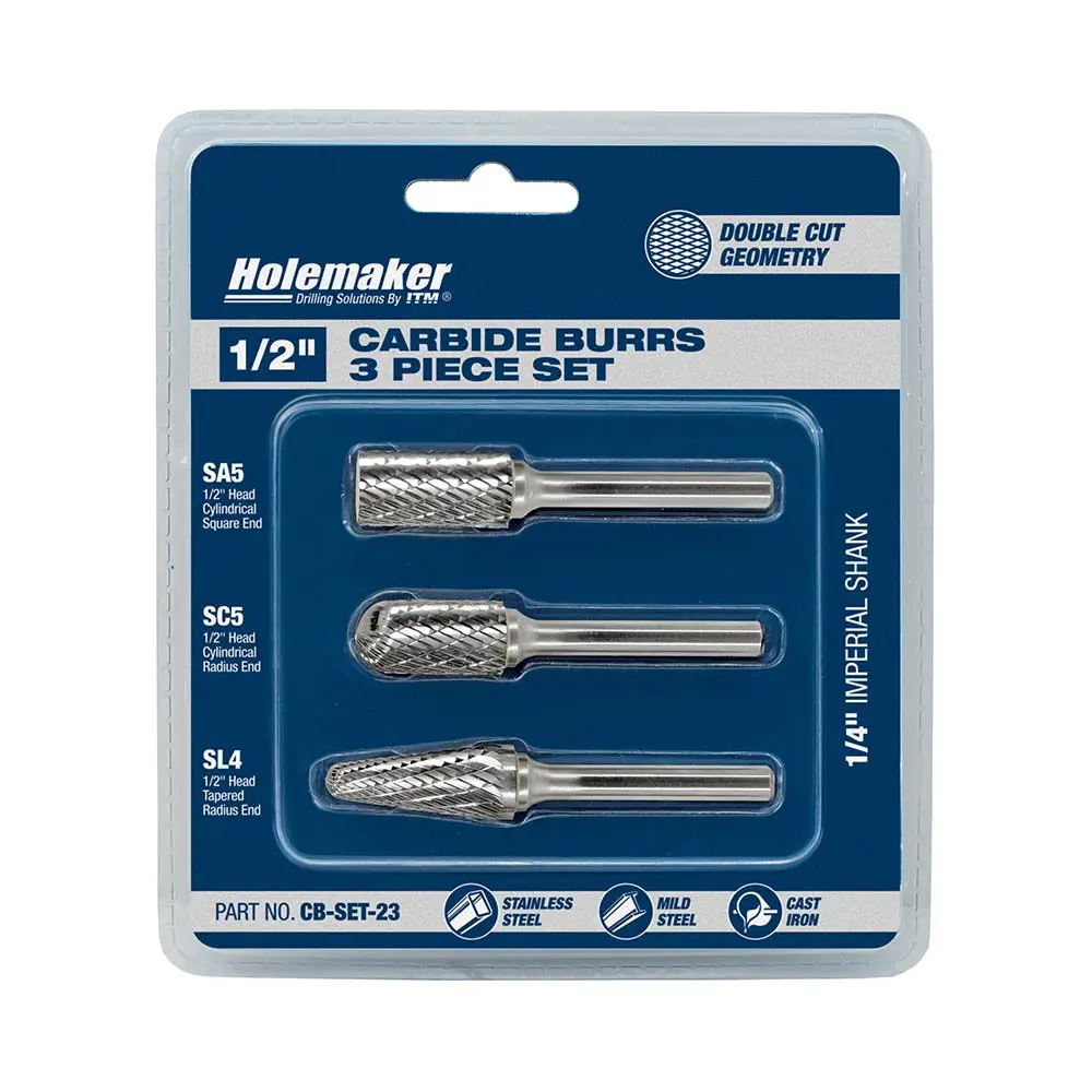 HOLEMAKER 1/2 inch D-Cut Carbide Burr TC Set - 3 Piece CB-SET-23