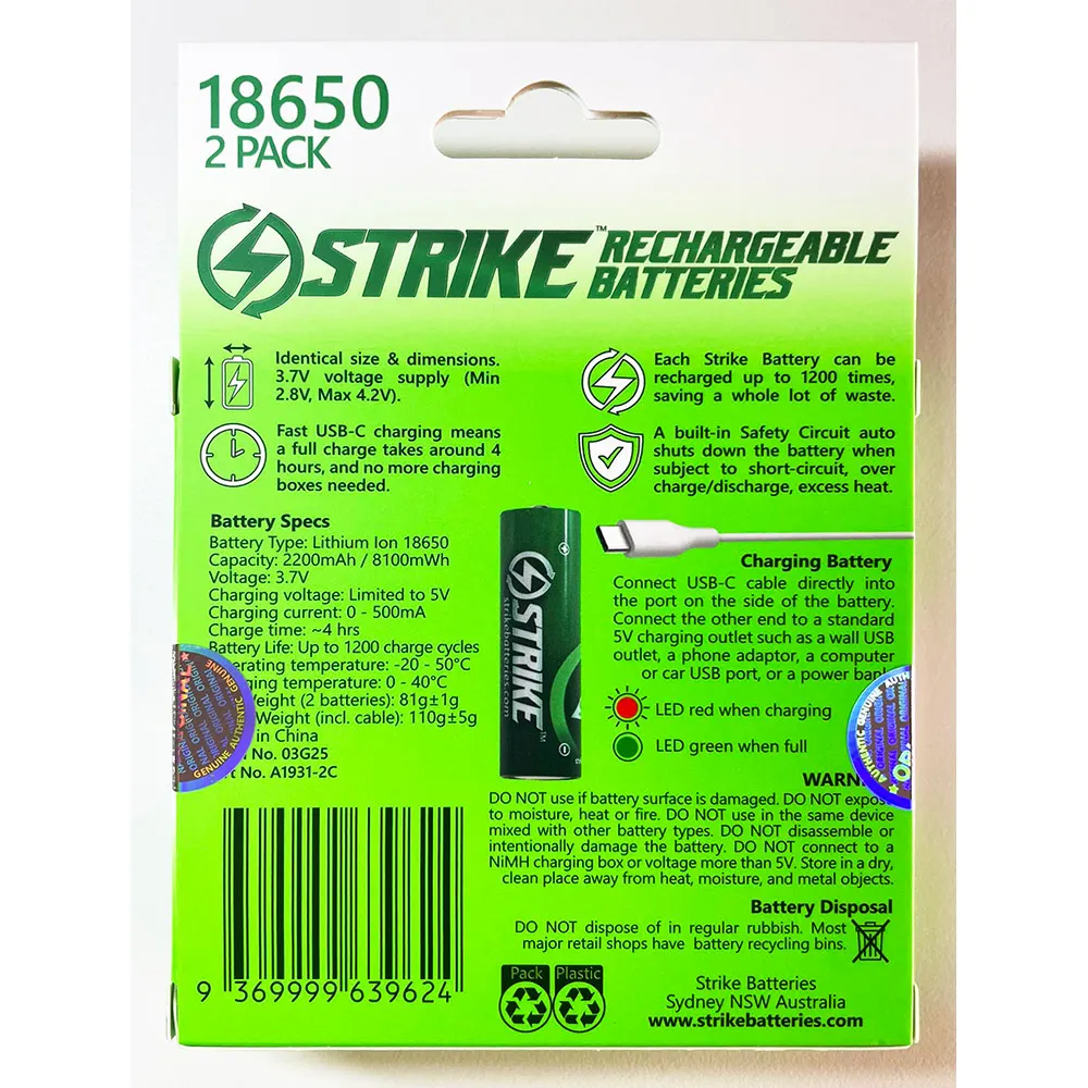 STRIKE 8100MW 3.7V USB-C Recharge Battery 18650 with Cable - 2 Pack A1931-2C