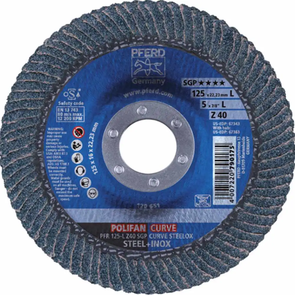 PFERD 125mm 40-Grit Zirconia Curved Flap Disc - POLIFAN STEELOX