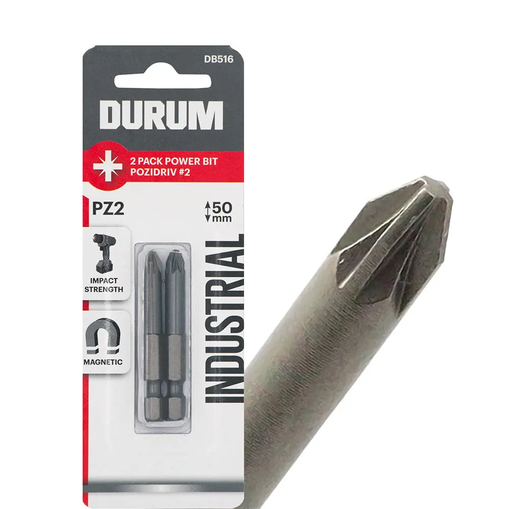 DURUM Pz2 x 50mm Pozidrive Power Screwdriver Bit - 2 Piece DB516