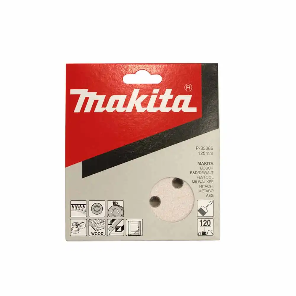 MAKITA 125mm 120G 8-Hole Hook & Loop Sanding Disc for Paint - 10 Piece P-33386