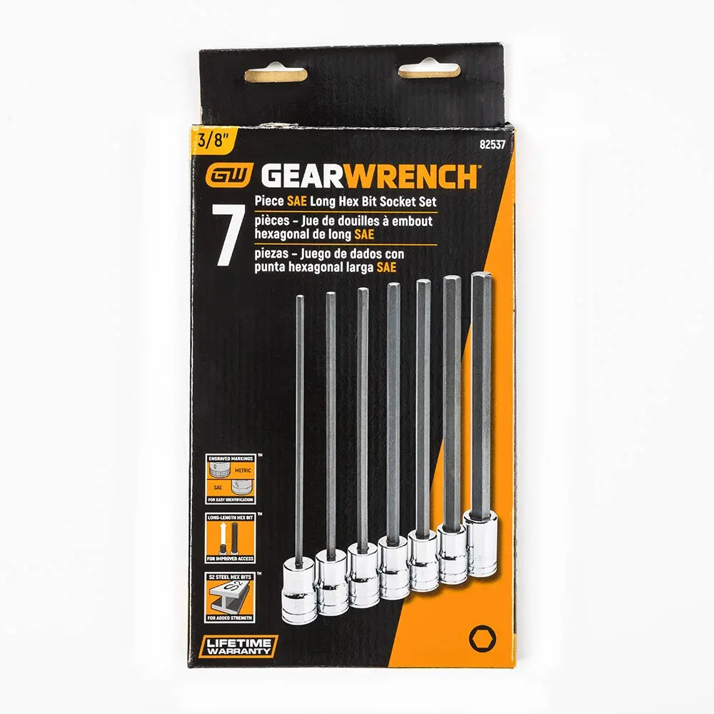 GEARWRENCH 3/8" Drive Long Length Hex Bit SAE Socket Set 7 Piece 82537