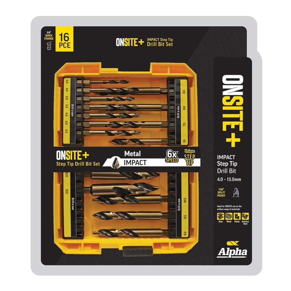 ALPHA 4-13mm 1/4-HX ONSITE+ Step Tip Drill Bit Set - 16 Piece SM16ST