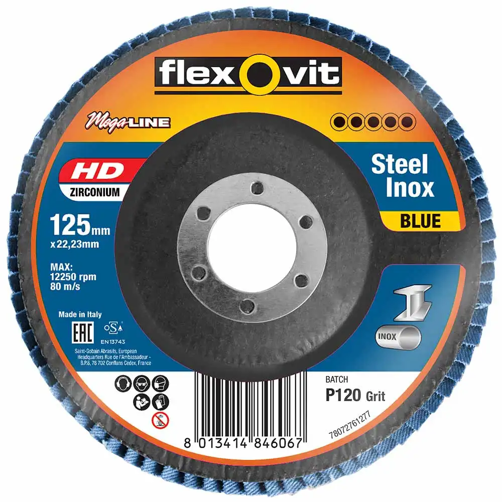 FLEXOVIT 125mm 120-Grit Zirconia INOX Angled Flap Disc - MEGALINE 78072761277