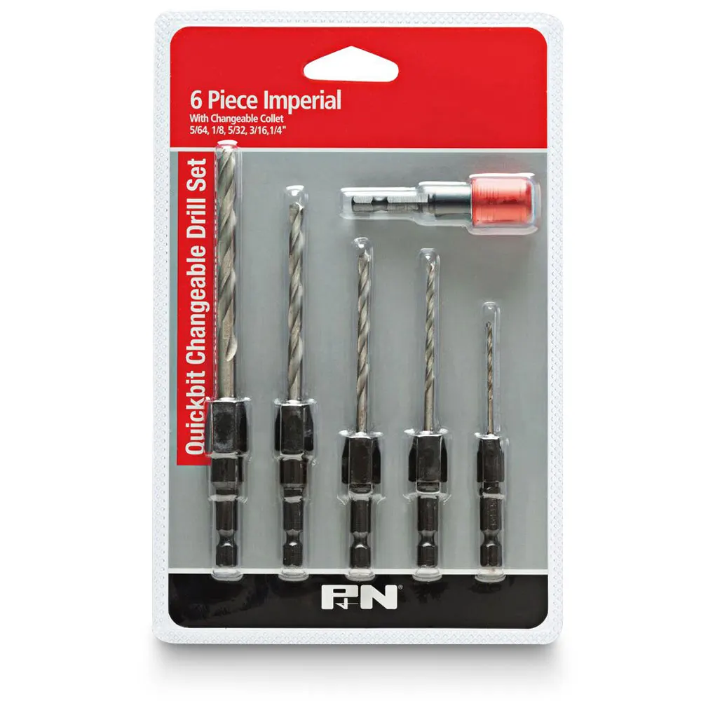 P&N QUICKBITS 5/64-1/4inch Imperial HSS Jobber Drill Bit & 1/4-Hex Quick-Change Adaptor Set - 6 Piece