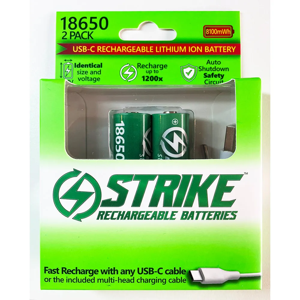 STRIKE 8100MW 3.7V USB-C Recharge Battery 18650 with Cable - 2 Pack A1931-2C