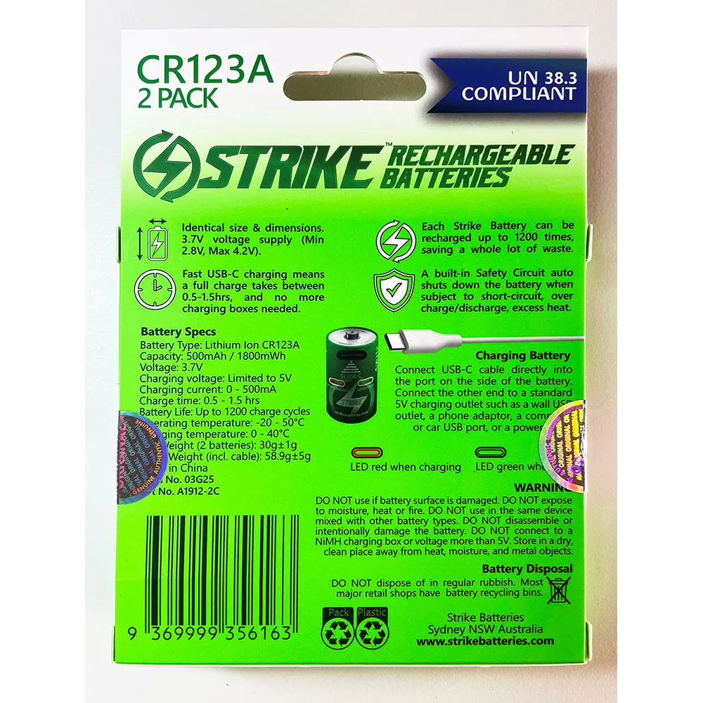 STRIKE 1800MW 3.7V USB-C Recharge Battery CR123A with Cable - 2 Pack A1912-2C