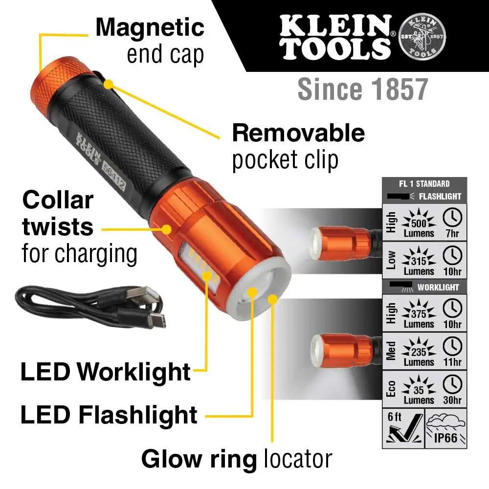 KLEIN 500 Lumens Rechargeable USB-C LED Torch A-56412