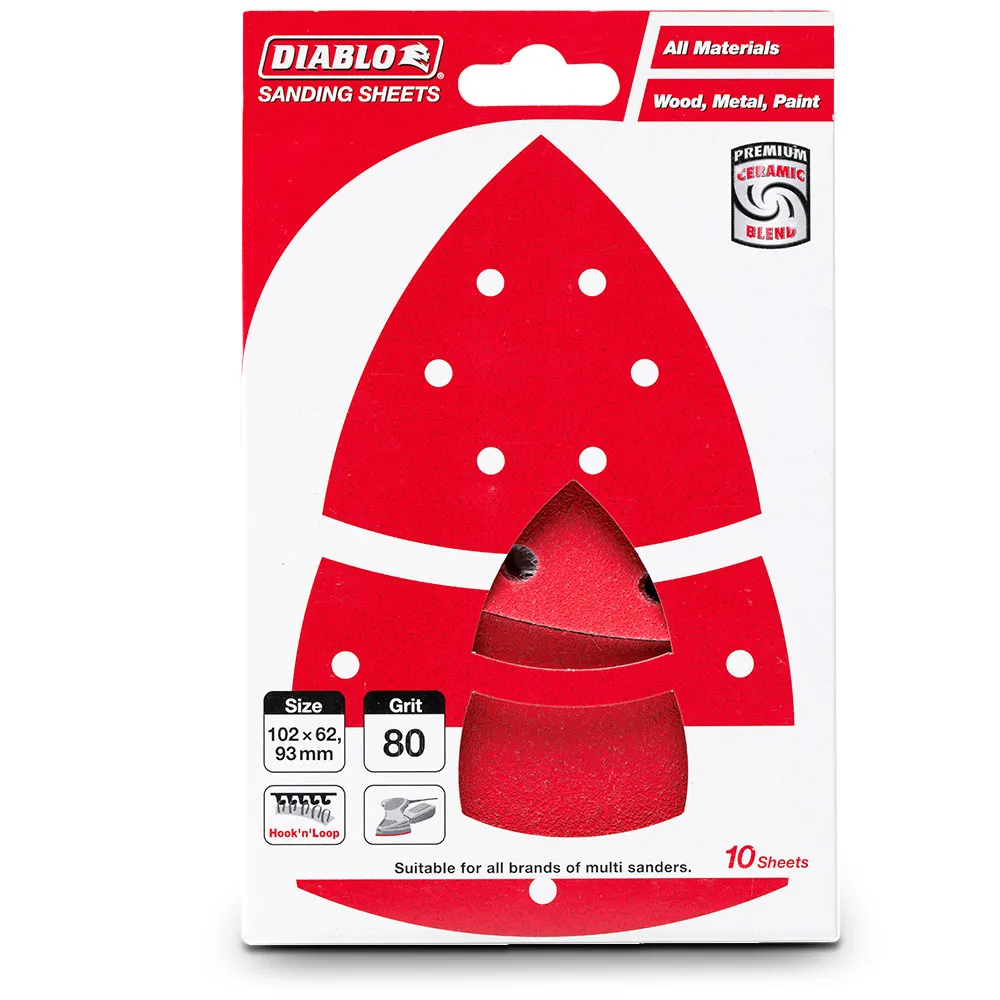 DIABLO 93mm / 102 x 62mm 80-Grit Hook & Loop Detail Sanding Sheet for All Surface - 10 Piece 2608F01181