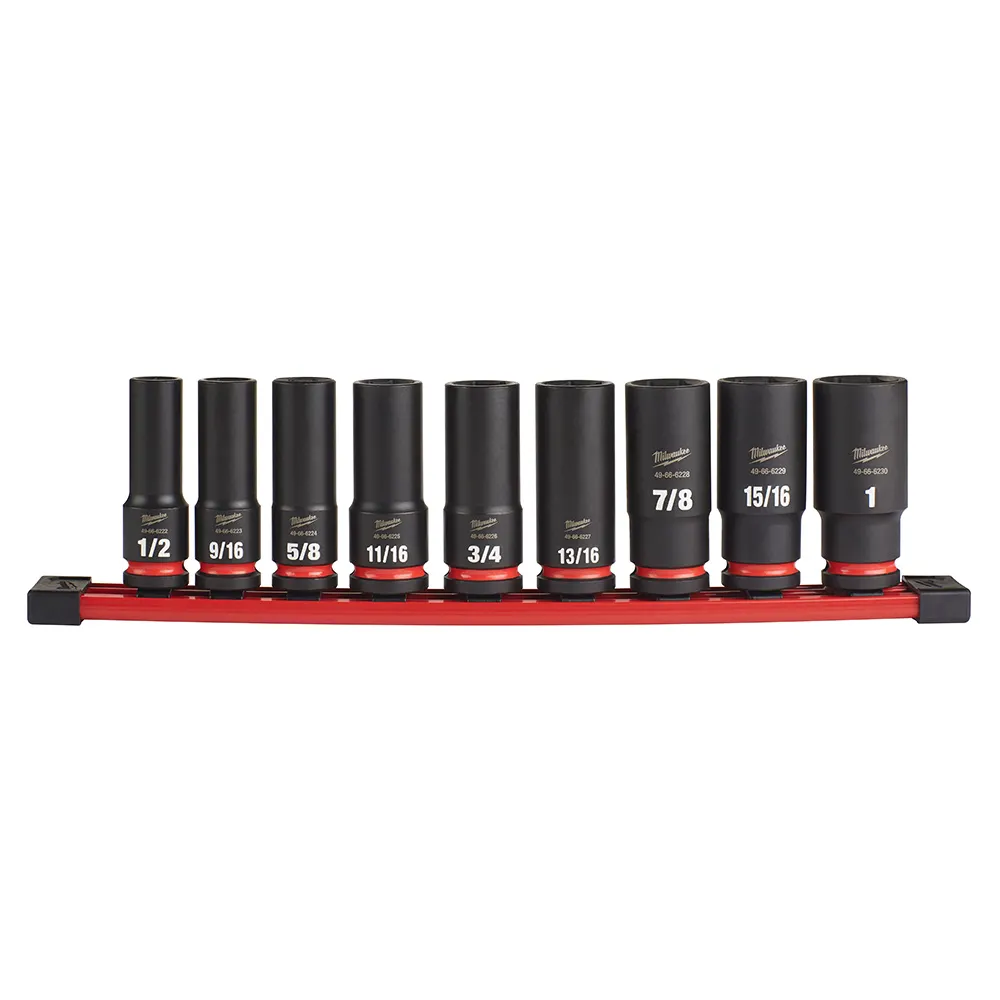 MILWAUKEE 9 Piece 1/2inch Drive 6 Point Shockwave SAE Deep Impact Socket Rail Set 49667022