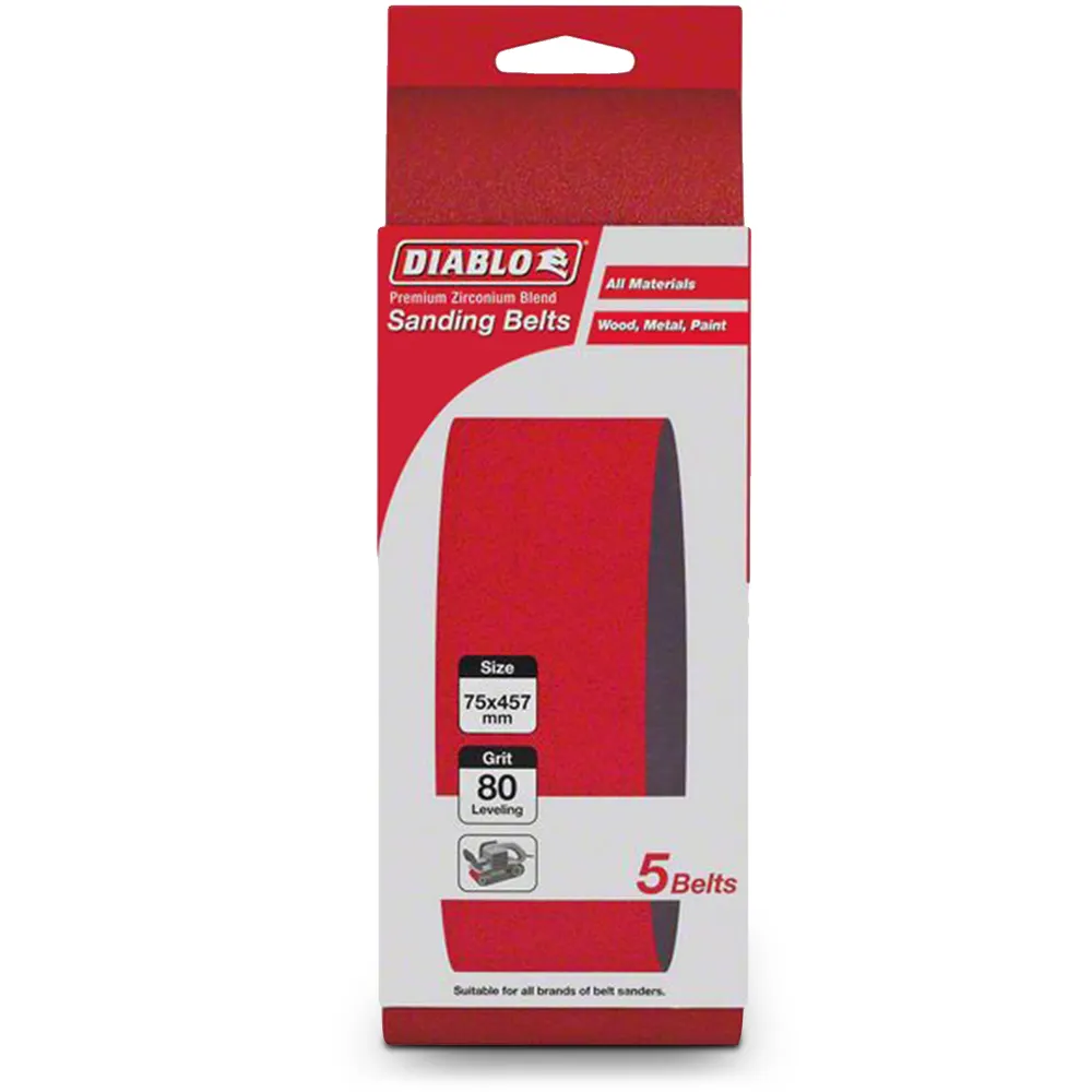 DIABLO 75 x 457mm 80-Grit Zirconia Sanding Belt - 5 Piece