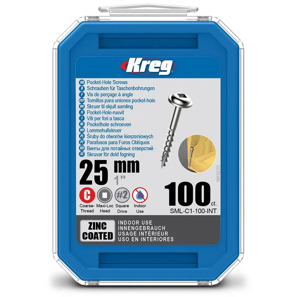 KREG Pocket Hole Screws Coarse Zinc 25mm - 100 Piece KR-SMLC1-100